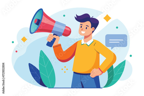 Young man using a megaphone in a vibrant setting to communicate a message with enthusiasm