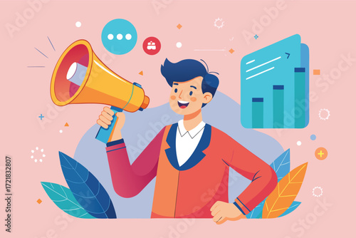 Young man communicating with a megaphone in a vibrant, animated setting showcasing growth and engagement