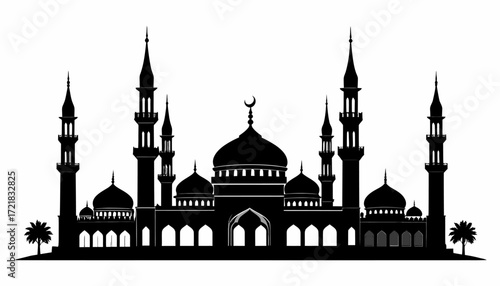 Silhouette of a Majestic Mosque A Detailed Black and White Vector Illustration
