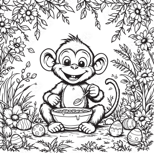 A cartoon monkey eating cereal surrounded by flowers and easter eggs in a black and white illustration