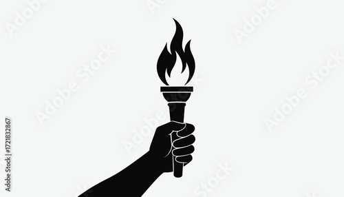 Silhouette of a Hand Holding a Torch, Black and White Illustration, Emblem of Freedom