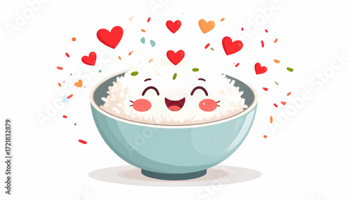 Adorable Cartoon Rice Bowl with Hearts A Cute Illustration