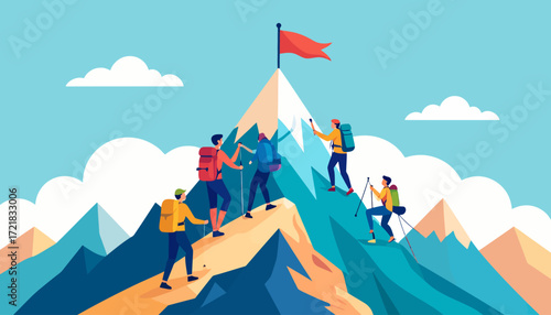 Teamwork and determination lead to success Climbers conquering a mountain peak