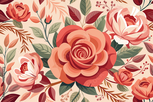 Beautiful floral pattern with roses and leaves in soft colors for home decor or craft projects
