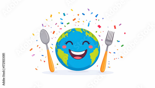 Joyful Earth Character with Spoon and Fork Celebrating Global Cuisine and Sustainable Eating Practices, Symbolizing a Happy Planet and Healthy Food Systems for a Brighter Future
