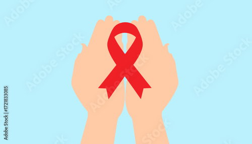 Hands holding red ribbon representing AIDS awareness, a symbol of support and solidarity