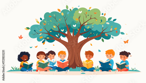 Children Reading Under a Tree Celebrating Universal Children's Day with Joyful Books and Community