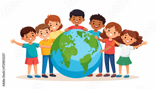 Diverse Group of Children Embracing and Celebrating Planet Earth A Symbol of Unity and Global Friendship