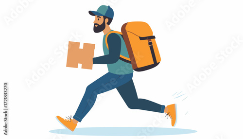 Delivery man in a hurry with a package and backpack, running to deliver an order quickly
