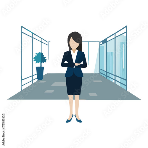 Confident female ceo standing in modern corporate building lobby ready for business