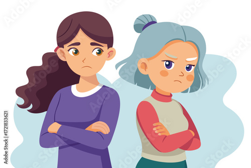 Two girls with different expressions stand back to back in a colorful illustration, showing contrasting emotions