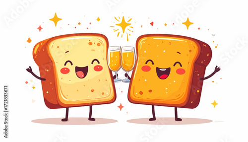 Adorable illustrated bread characters celebrating a special occasion with a toast. This delightful concept captures joy and friendship