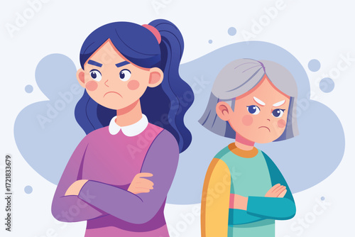 Two girls show anger with crossed arms during a disagreement in a light-colored background