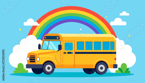 School Bus Adventure A Cheerful Illustration of a Yellow School Bus with a Rainbow Above