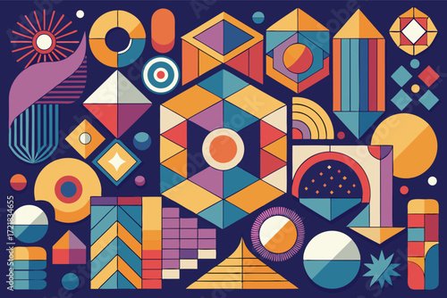 Colorful geometric patterns create a vibrant abstract design in bold hues