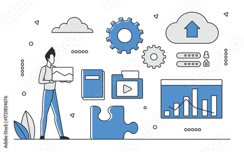 Modern data management with cloud storage, analytics, user access, and digital files shown in blue monocolor style, isolated on white background vector illustration