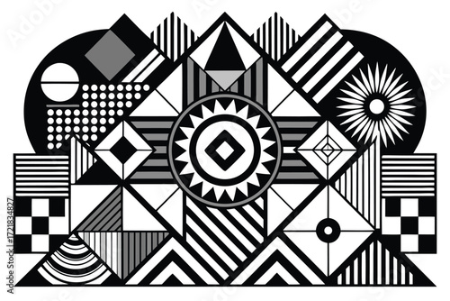 Intricate geometric design with black and white patterns creates a striking visual display