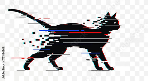 Black cat silhouette dissolving into digital glitch effect.