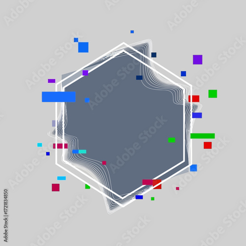 Abstract hexagon with digital glitch elements on a gray background.