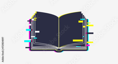 Open book with digital glitch effects and colorful bookmarks