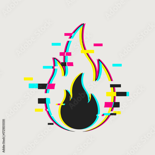 Stylized fire icon with digital glitch effect on light background.