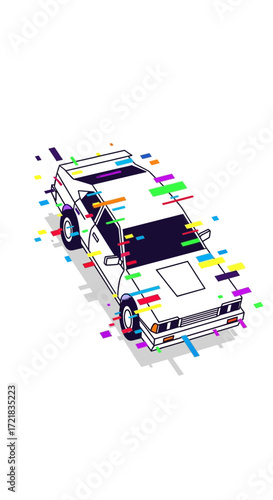 White sports car with colorful abstract glitch effect.