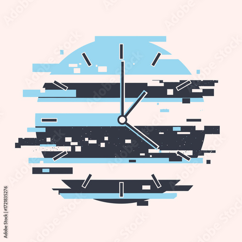 Abstract clock face with glitch effect on light background.