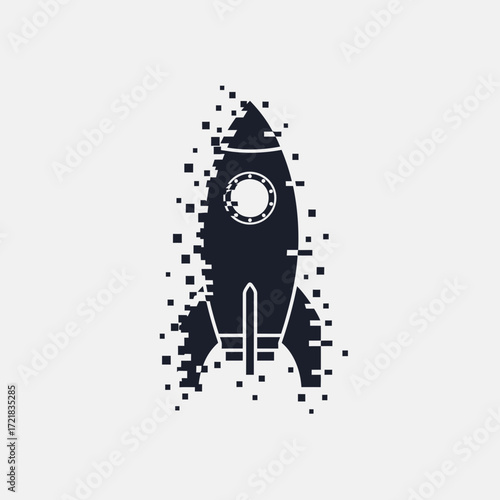 Dark silhouette of a rocket breaking apart into pixels.