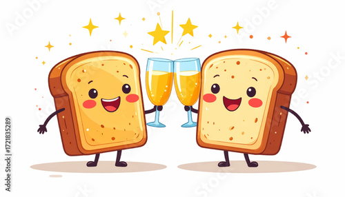 Toasting Toasts Cute Bread Characters Celebrate with Sparkling Drinks