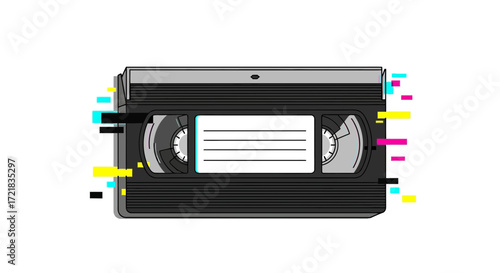 A glitching VHS tape with a white label on a white background.