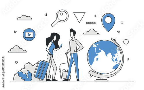 Modern travelers with suitcases planning a trip, surrounded by globe, location pin, and digital icons, representing online hotel booking and travel planning vector illustration