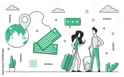 Young travelers with luggage, flight tickets, globe, and chat bubble in a green monocolor style, representing modern air travel planning and communication vector illustration