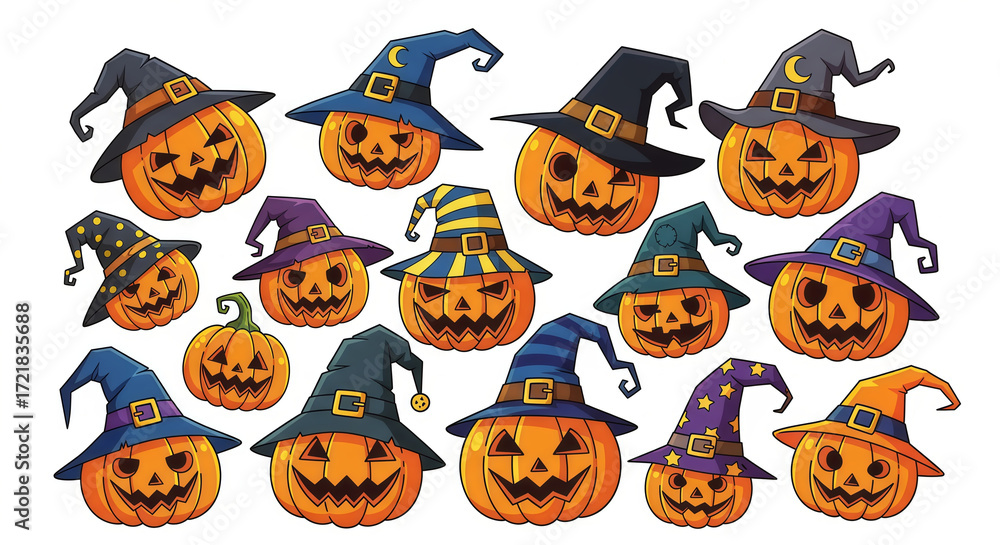 Naklejka premium A Large Collection of Halloween Pumpkins with Witch Hats