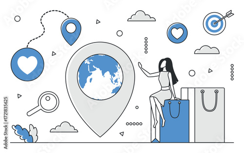 Modern travel route concept with blue monocolor icons, location pin, globe, shopping bags, and female character, ideal for tourism and navigation themes, isolated vector illustration
