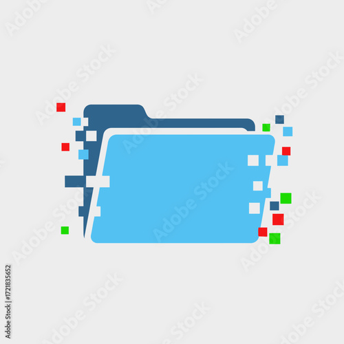 Digital data files organized in folders with colorful particles.