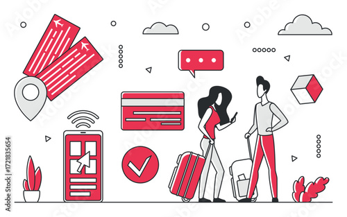 Modern red monocolor travel concept with tickets, luggage, smartphone, and travelers, highlighting digital booking and journey planning, isolated on white background vector illustration