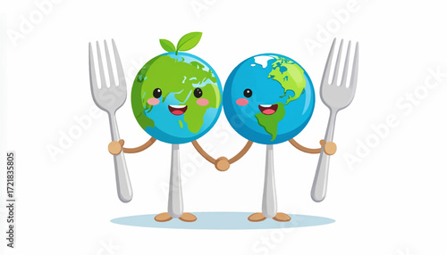 Two cartoon planets holding forks, representing the idea of eating or food related to our planet and planet Earth