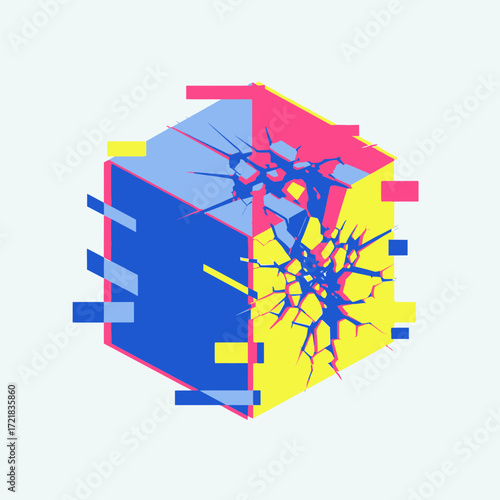 Abstract geometric cube with glitch effect and vibrant colors.