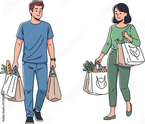 Cartoon Grocery Icons Featuring Man and Woman Carrying Reusable Bags with Vegetables, Sustainable Mood, Everyday Errand Theme, and Lifestyle Scene