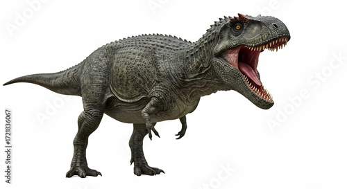 Kraftvoller Dinosaurier br�llt laut gegen weissen Hintergrund realistisch gezeichnet. AI Generated