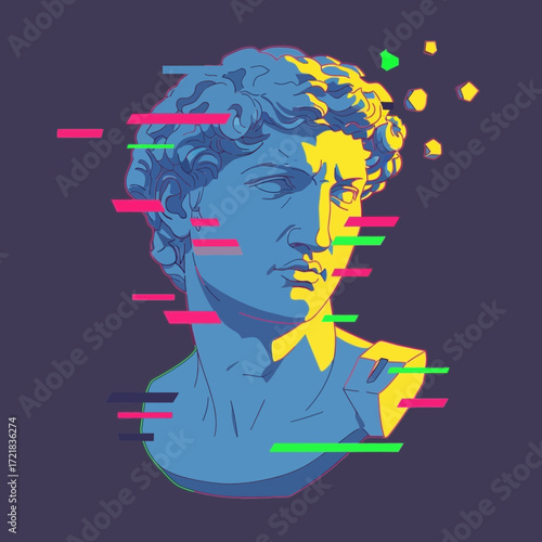 Glitched statue head with colorful digital distortion effects.