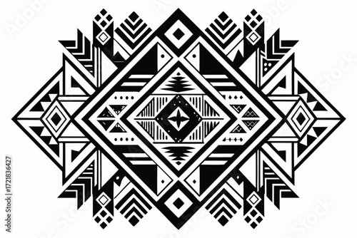 Intricate black and white geometric pattern with tribal elements and symmetrical design