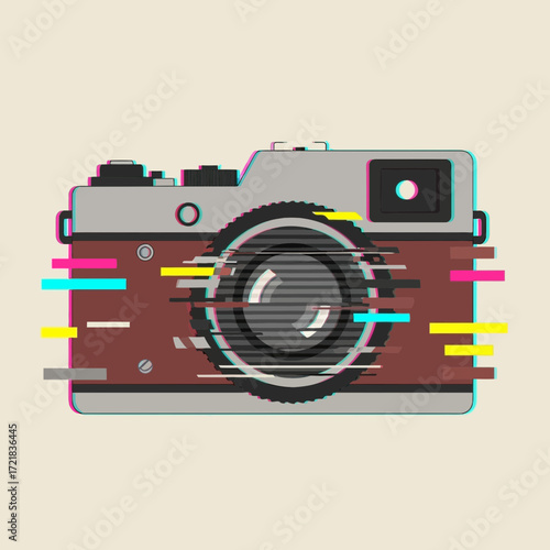 Vintage camera with glitch effect on a plain background.