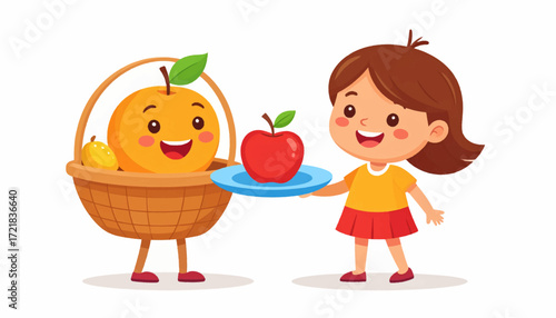 Cute cartoon girl offering a delicious red apple on a plate to a smiling orange in a basket