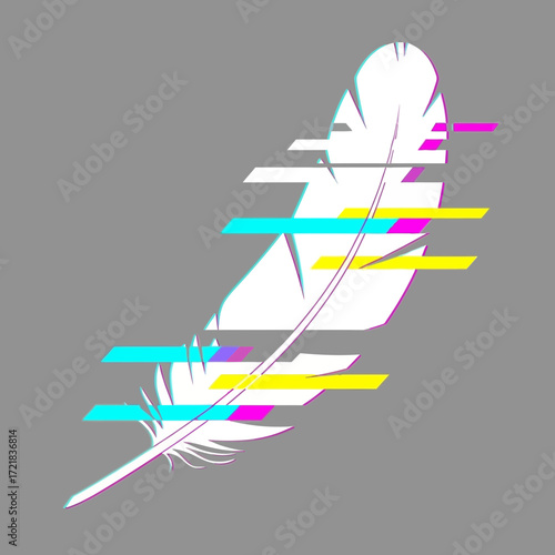 White feather with digital glitch effect on gray background.