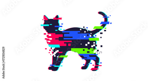 Stylized cat silhouette with digital glitch effect on white background.