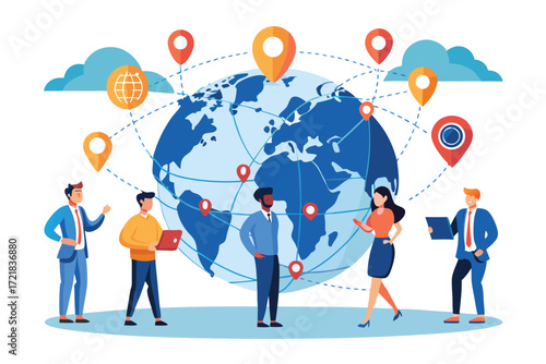 Business professionals discussing global connectivity and technology trends in a digital workspace