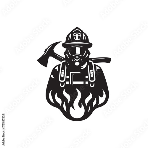 Strong Firefighter Silhouette with Axe and Respirator.
