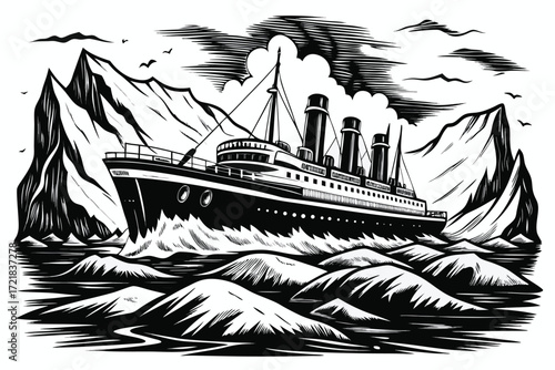Historic ship navigating icy waters with mountains in the background during a cloudy day