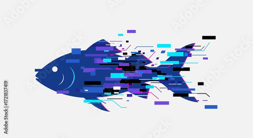 Abstract blue fish dissolving into digital data fragments.